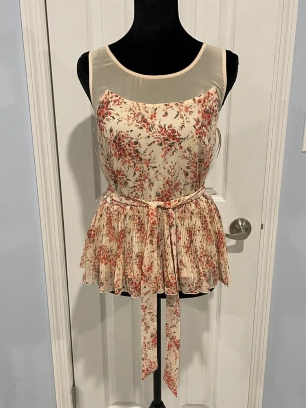 LC Lauren Conrad Women's Pink Floral Sheer Mesh Belted Peplum Top XS